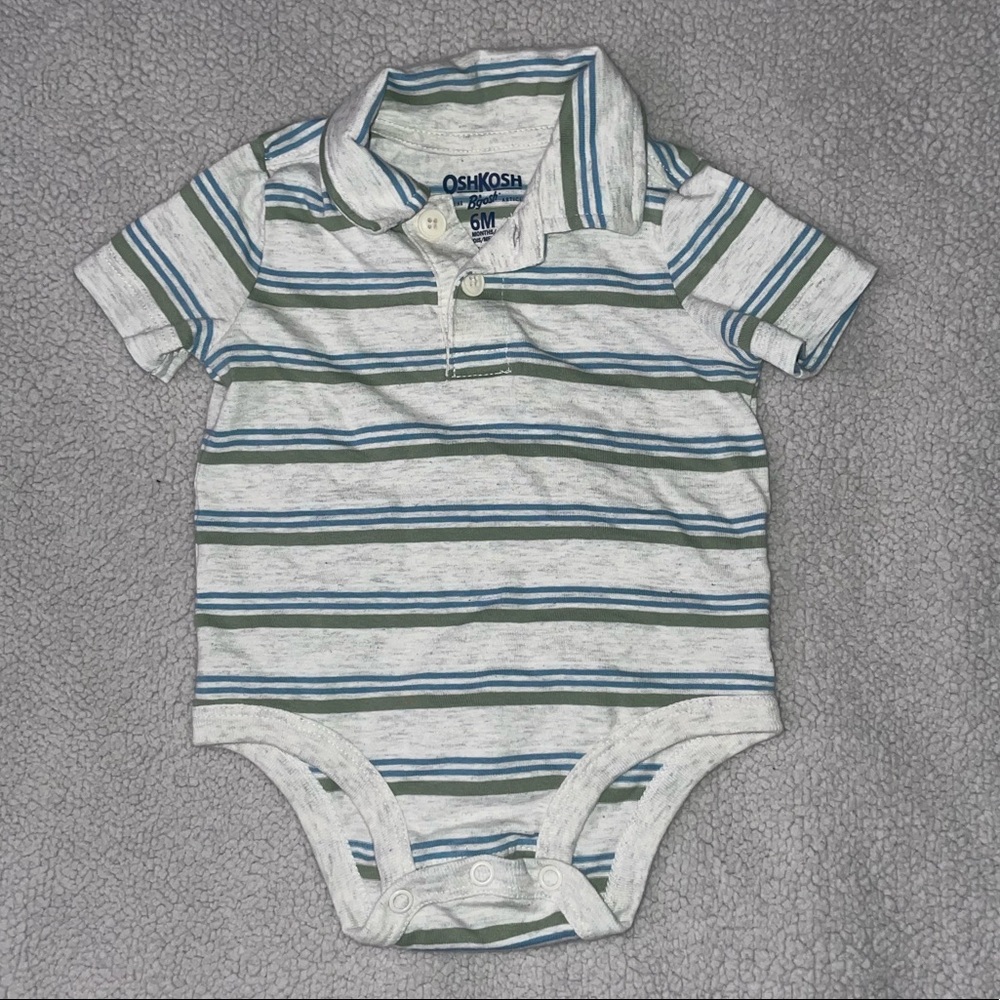 OSHKOSH 6 MONTH BABY BODYSUIT WITH GREEN AND BLUE STRIPES.